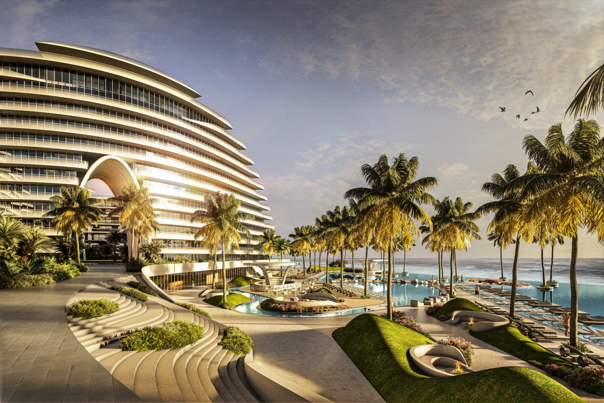 Residencia frente al mar con palmeras y alberca, imagen ilustrativa de desarrollos de lujo
