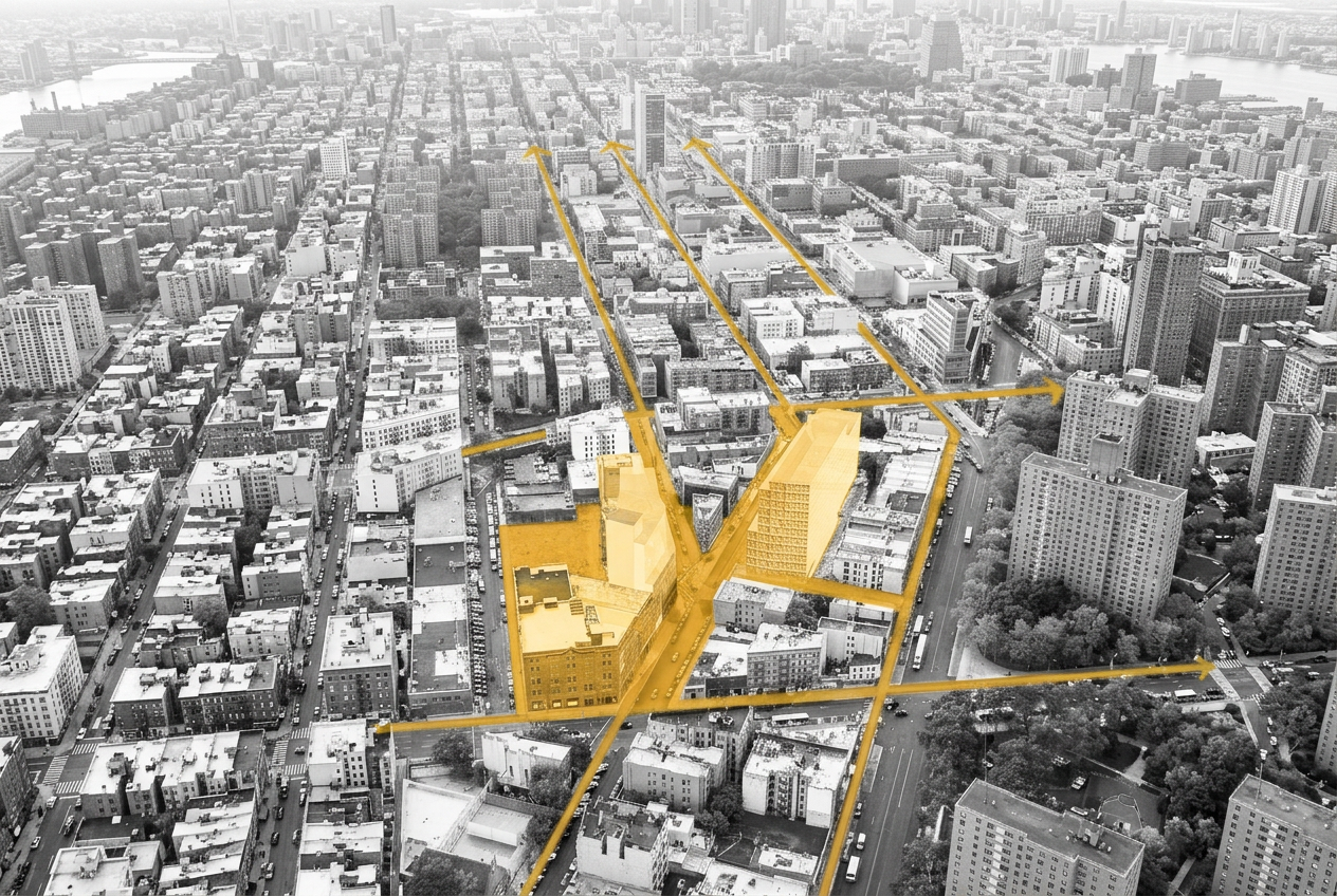 Vista aérea de la ciudad con lotes de desarrollo resaltados